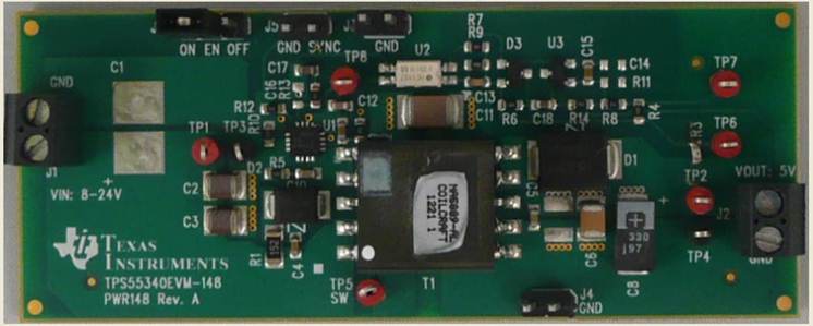 TPS55340EVM-148 Isolated Flyback Topology Module for TPS55340 5A, 40V Current Mode Integrated-FET DC Converter top board image