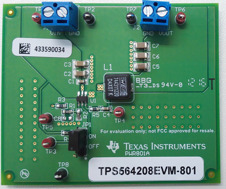 TPS564208EVM-801 TPS564208 4.5V to 17V Input, 4A Output, Synchronous Step-Down Converter Evaluation Module top board image