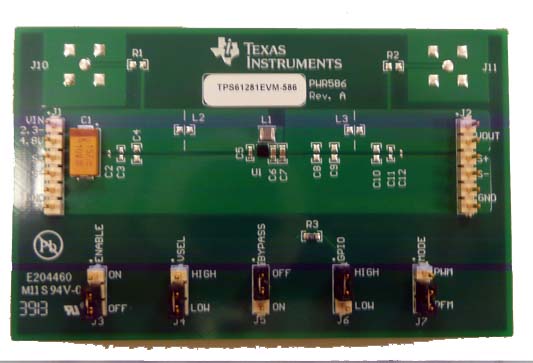 TPS61281EVM-586 TPS61281EVM-586 – Aufwärtswandler mit Durchgangsmodus – Evaluierungsmodul top board image