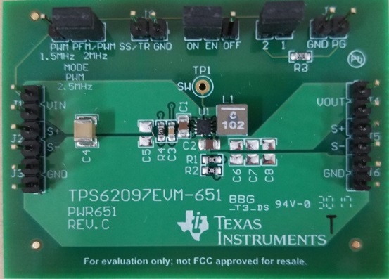 TPS62097EVM-651 評価モジュール - 2A 降圧コンバータ、iDCS-制御、強制 PWM モード、および、選択可能なスイッチング周波数付 top board image