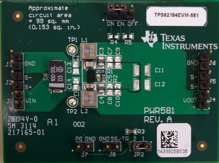 TPS62184EVM-581 17-V Input, 6-A Output, 2-Phase Step-Down Converter with Automatic Efficiency Enhancement (AEE TM) top board image