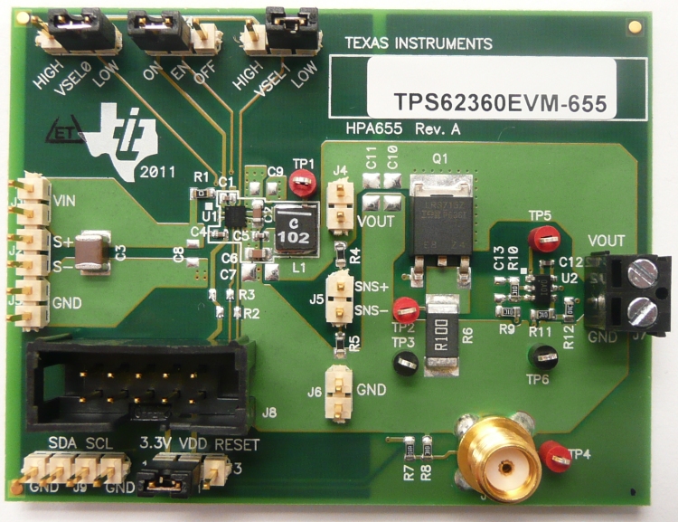 TPS62360EVM-655 Evaluation Module for TPS62360 Processor Core Supply with I2C Compatible Interface and Remote Sense top board image