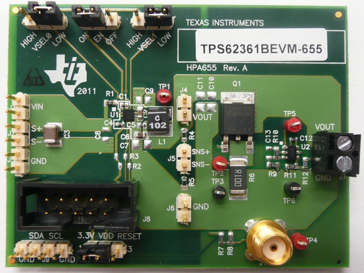 TPS62361BEVM-655 評価モジュール、TPS62361B 用、プロセッサ・コア電源、I2C 互換インターフェイス/リモート・センス機能付 top board image