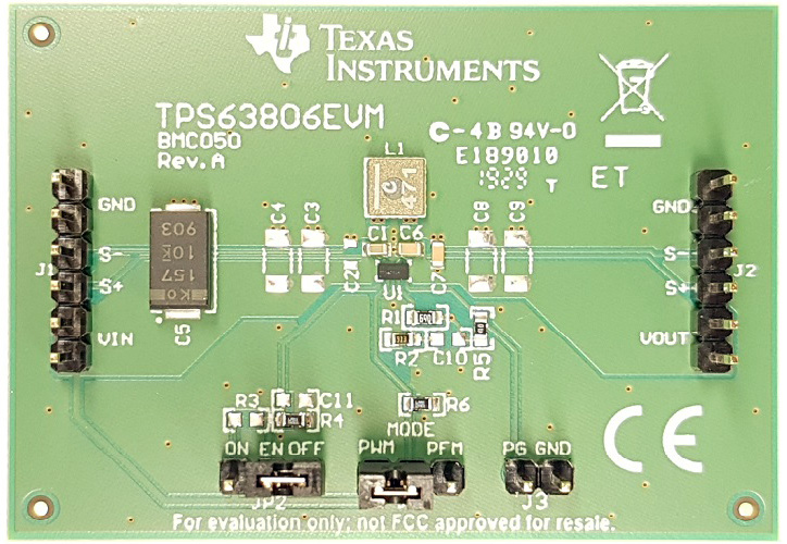 TPS63806EVM TPS63806 Hochstrom-Abwärts/Aufwärts-Wandler mit hohem Wirkungsgrad – Evaluierungsmodul top board image