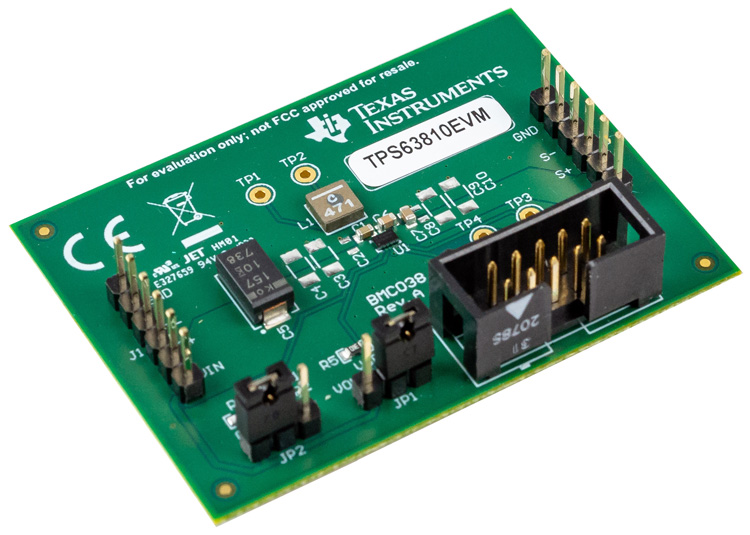 TPS63810EVM TPS63810 高効率、大出力電流、I²C 制御、昇降圧コンバータの評価基板 angled board image