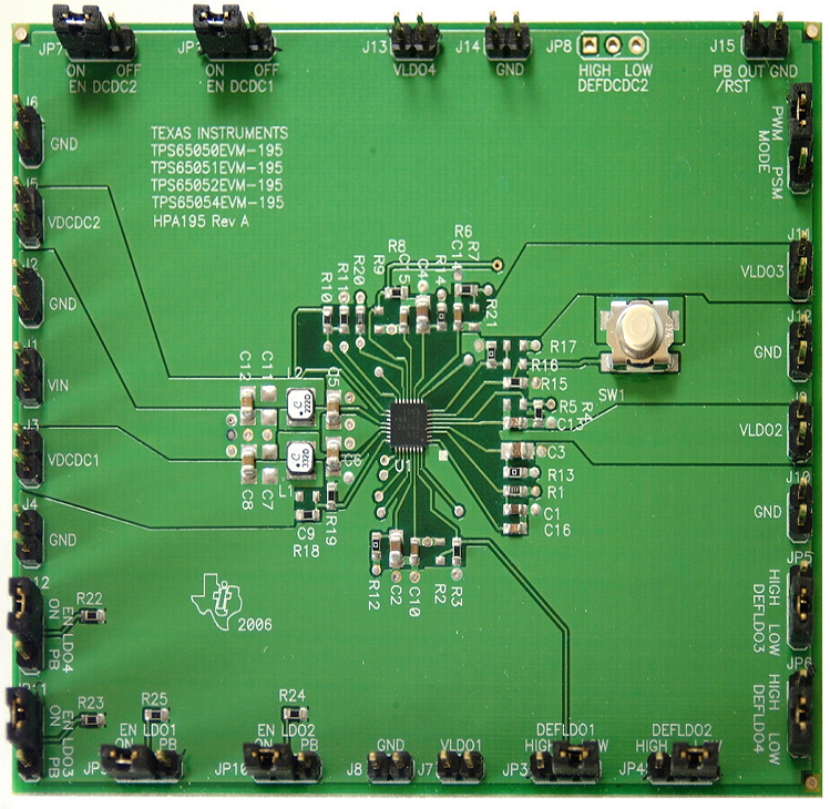 TPS65051EVM-195 TPS65051 6-channel Power Management IC with 2 DC/DCs Evaluation Module Board top board image