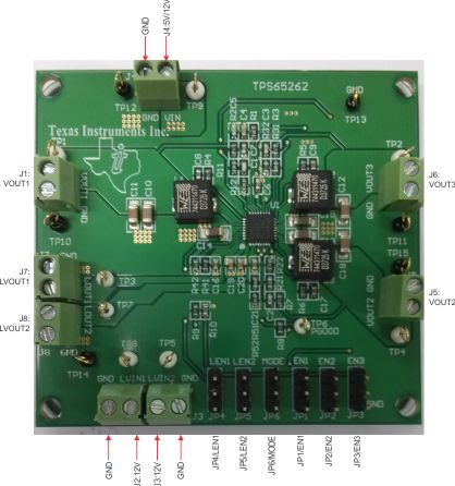 TPS65262EVM-619 TPS65262 18V Input, Triple 3A/1A/1A Buck Converter with Dual 200mA/100mA LDO Evaluation Module top board image