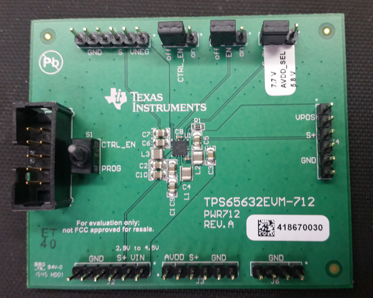 TPS65632EVM-712 TPS65632 Triple-Output AMOLED Display Power Supply Evaluation Module top board image