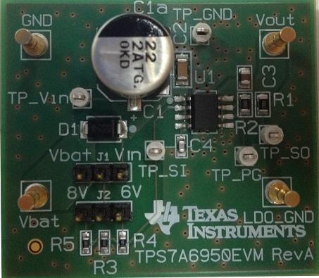 TPS7A6950EVM TPS7A6950 automotive 150-mA high-voltage ultra-low-IQ 12-µA LDO regulator evaluation module top board image