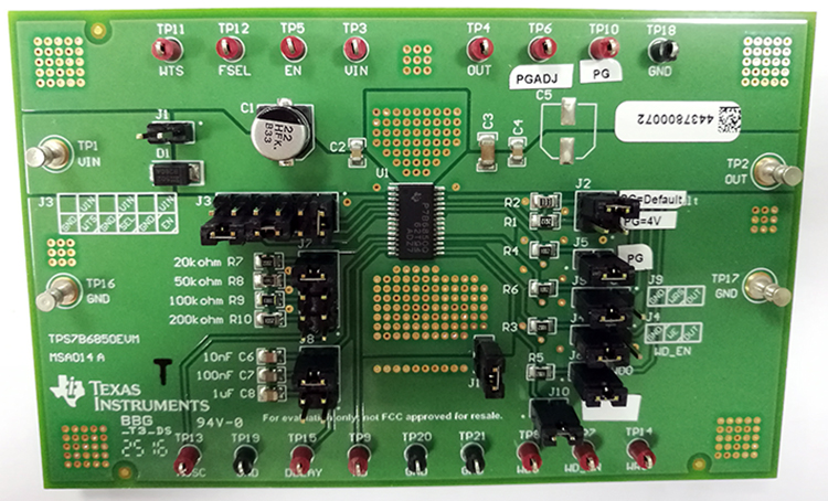 TPS7B6850EVM TPS7B6850-Q1 500mA Watchdog LDO Regulator Evaluation Module top board image