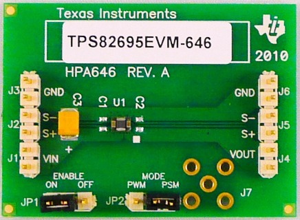 TPS82695EVM-646 Evaluierungsmodul für TPS82695 500 mA, hocheffizienter MikroSiP™-Abwärtswandler top board image