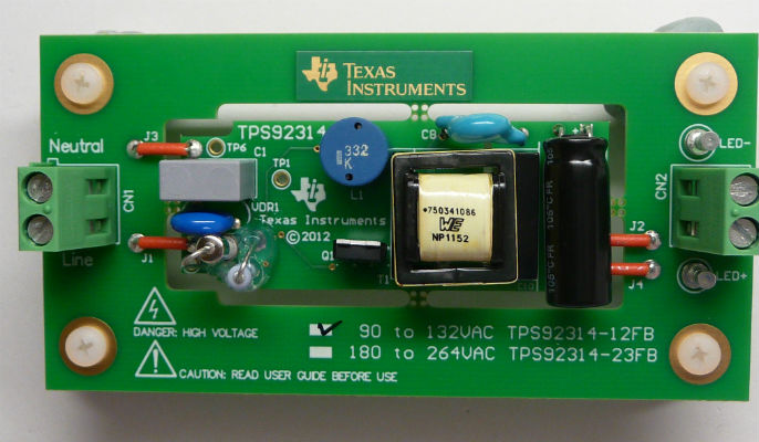TPS92314A19120VEVM TPS92314A19120VEVM Off-Line Primary Side Sensing Controller with PFC Evaluation Module Board top board image