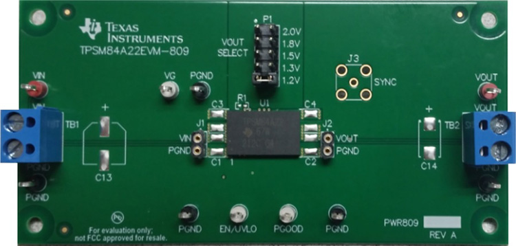 TPSM84A22EVM-809 TPSM84A22 10A SWIFT&trade; 전원 모듈 평가 모듈 top board image