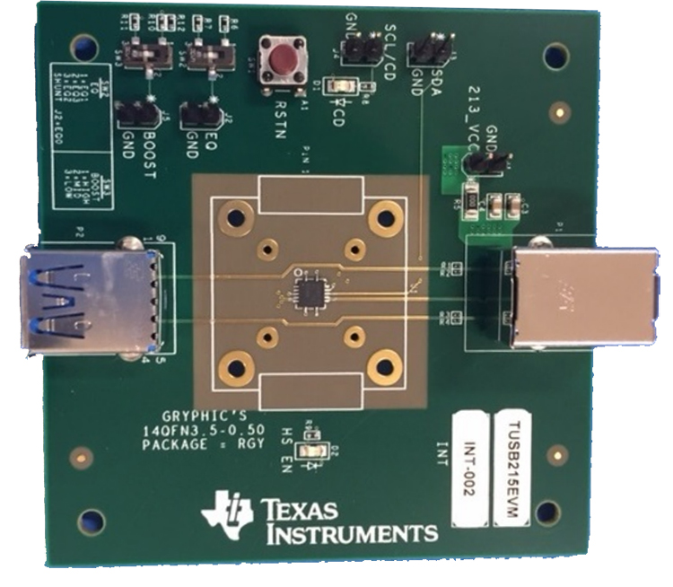 TUSB215EVM USB 2.0 ハイスピード・シグナル・コンディショナの評価モジュール top board image