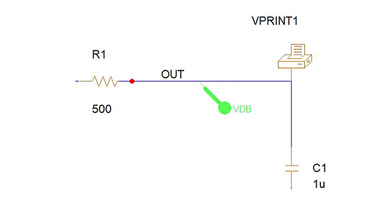 A schematic shows a green VDB marker at the OUT node. The marker is similar to the voltage-level probe but the label says VDB.