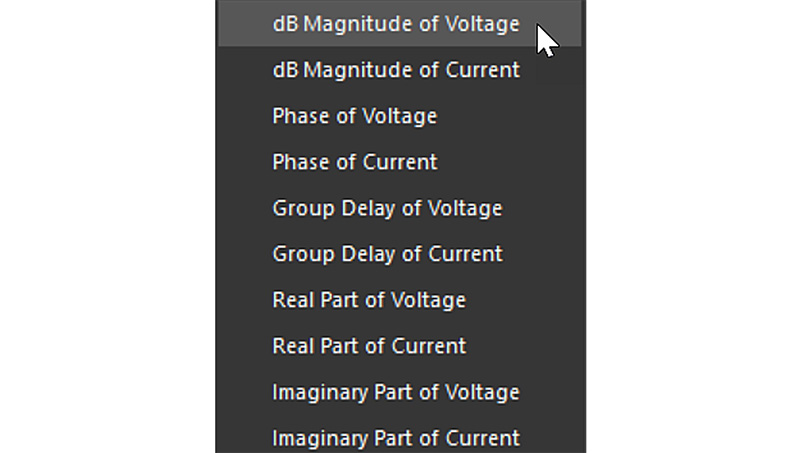 The Advanced submenu shows a cursor hovering over the dB Magnitude of Voltage option.