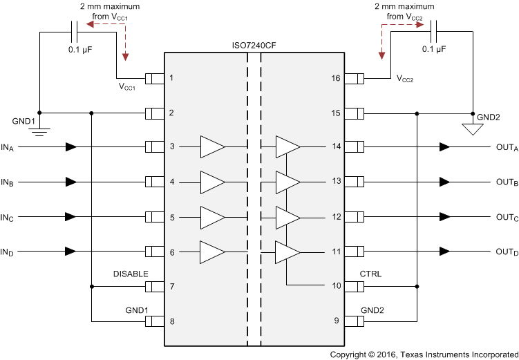 ISO7240CF ISO7240C ISO7240M ISO7241C ISO7241M ISO7242C ISO7242M ISO7240CF の標準の回路接続図