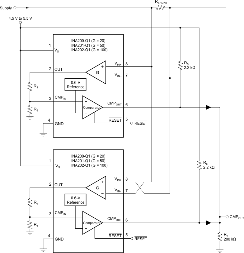 INA200-Q1 INA201-Q1 INA202-Q1 双方向過電流コンパレータ