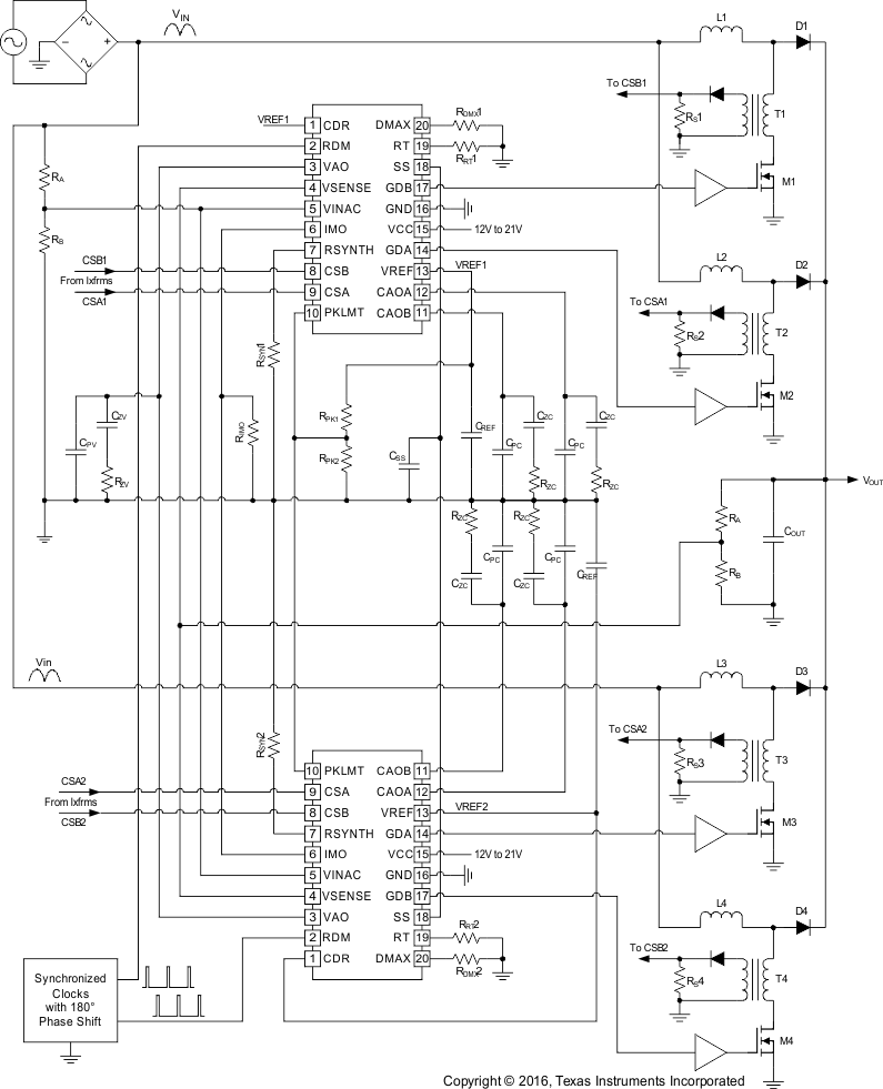 UCC28070-Q1 2 つの UCC28070-Q1 デバイスを使用した 4 相アプリケーションの概略図