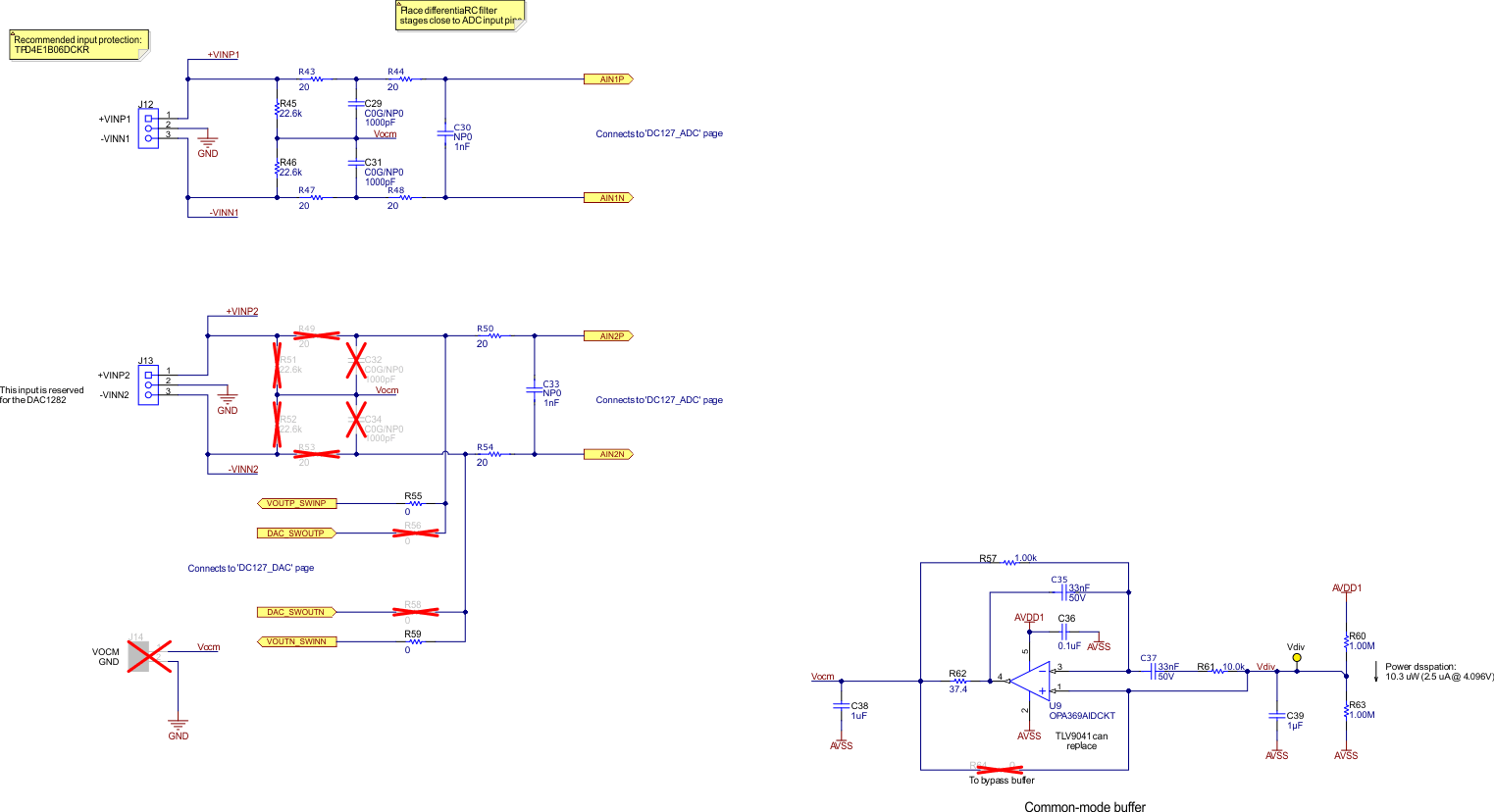 ADS1285EVM-PDK ADS1285EVM-PDK Analog Inputs
                    and Common-Mode Buffer Schematic