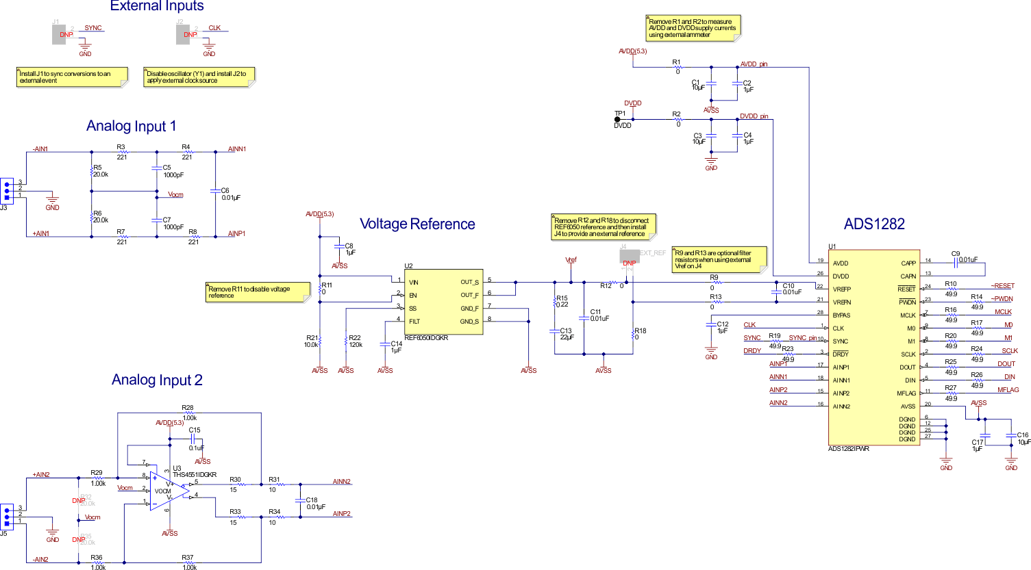 ADS1282V2EVM-PDK ADS1282EVM Analog Inputs & Reference Schematic