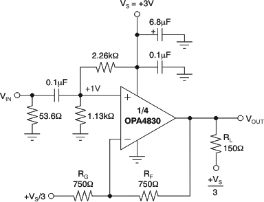 OPA4830 AC-Coupled, G = +2V/V, +3V Single-Supply Specification and Test Circuit