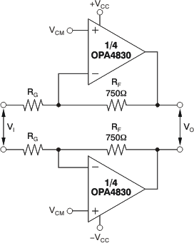 OPA4830 Inverting Differential I/O
          Amplifier