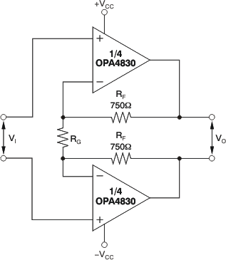 OPA4830 Noninverting Differential I/O
          Amplifier