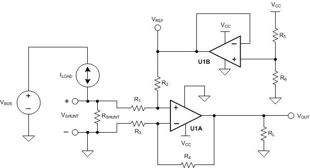 OPA392 OPA2392 OPA4392 Bidirectional
          Current-Sensing Schematic
