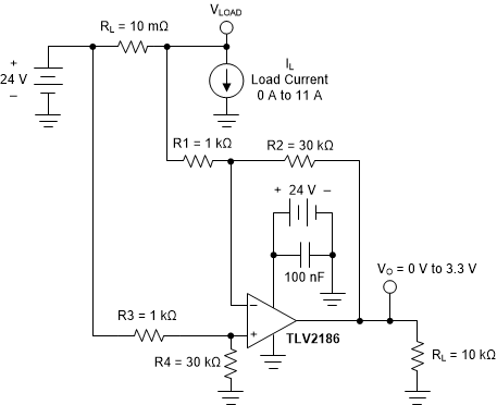 TLV2186 tlv2186-high-side-current-monitor-simulation-schematic.gif