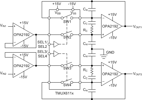 TMUX6111 TMUX6112 TMUX6113 A 2-output Sample and Hold Circuit Realized Using the TMUX611x Analog Switch