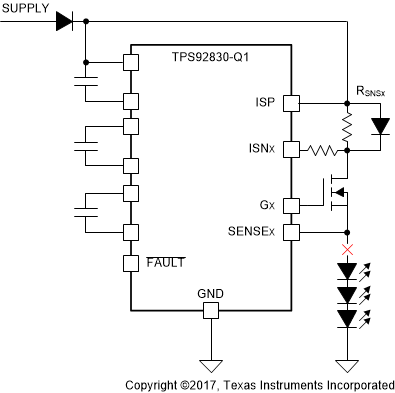 TPS92830-Q1 Resistor_and_Diode_for_Sense_Resistor_Protection_SLIS178.gif