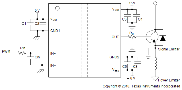 UCC5310 UCC5320 UCC5350 UCC5390 Typical
                    Application Circuit for UCC5320E and UCC5390E to Drive IGBT