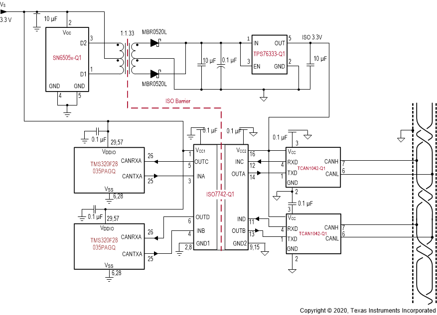 ISO7740-Q1 ISO7741-Q1 ISO7742-Q1 Typical Isolated CAN Application Circuit