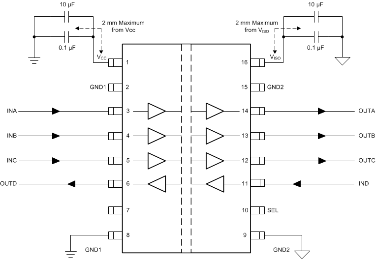 Typical ISOW7841 Circuit Hook-Up GUID-CE2E927B-E436-4C1F-9683-735F1D098CAE-low.gif