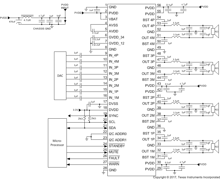 TPA6404-Q1 Typical 4-Channel BTL Application Schematic