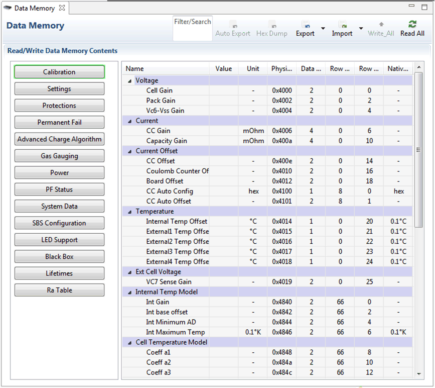 BQ40Z80EVM-020 Data Memory Screen