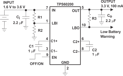 TPS60200 TPS60201 TPS60202 TPS60203 typ_app_circuit_low_battery_warning_slvs274.gif