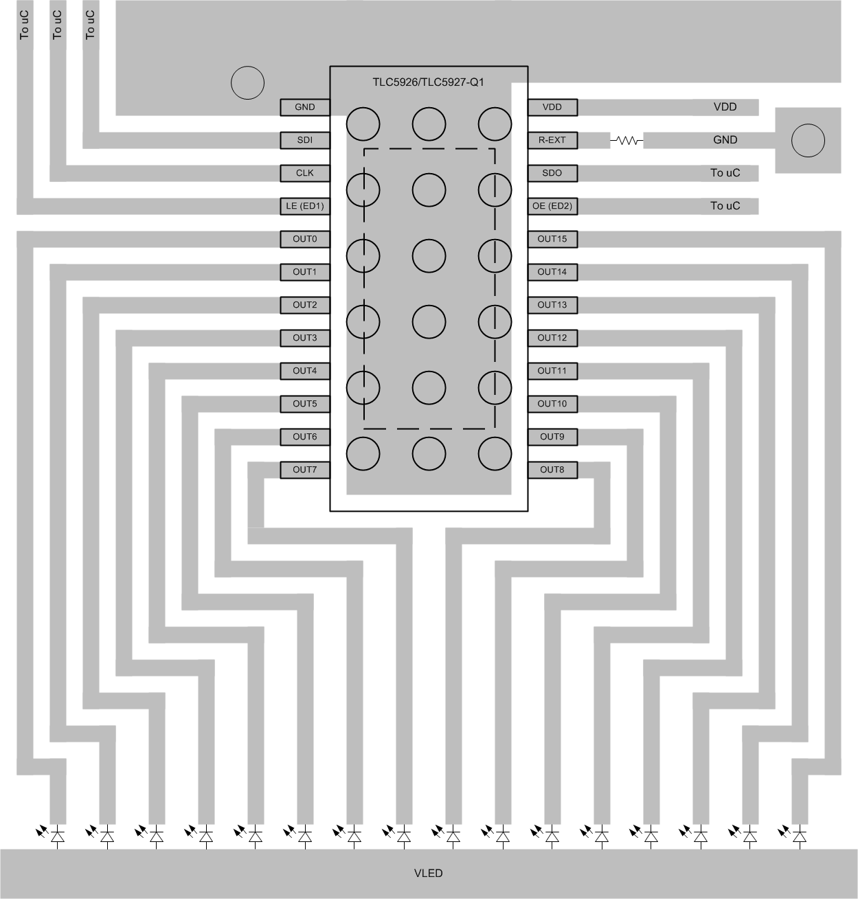 TLC5926-Q1 TLC5927-Q1 layout_example_slvs973.gif