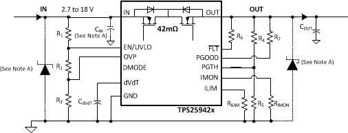 TPS25942A TPS25942L TPS25944A TPS25944L Circuit Implementation
With Optional Protection Components TPS25942A TPS25942L TPS25944A TPS25944L Schematics_Transient_Protection_Of_Device_slvsce9.gif