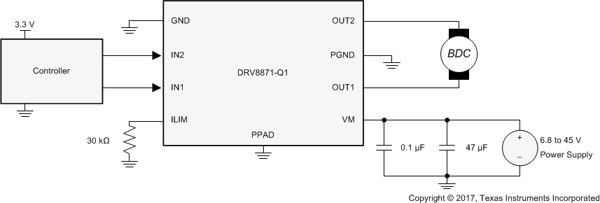 DRV8871-Q1 drv8871-q1-typical-connections.gif