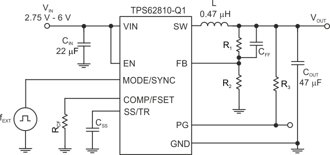 TPS62810-Q1 TPS62811-Q1 TPS62812-Q1 TPS62813-Q1 Schematic Using External Synchronization