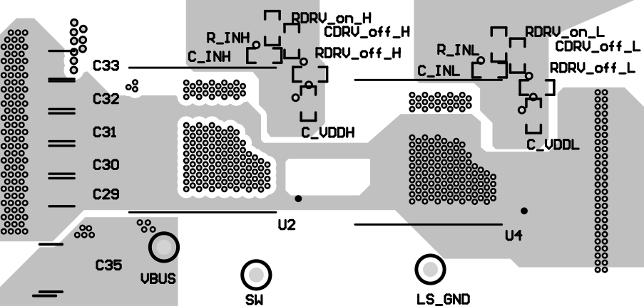 LMG3650R025 LMG3651R025 LMG3656R025 LMG3657R025 LMG3650R025
                    Half-Bridge Mid-Layer Layout