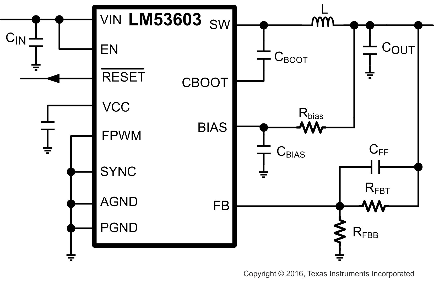 schematic for 3A automotive buck synchronous converter LM53602 LM53603 simple_circuit.png