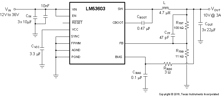 automotive infotainment power supply buck regulator schematic DVD CD
			 blu-ray LM53602 LM53603 typ_app_cir5_10V.gif